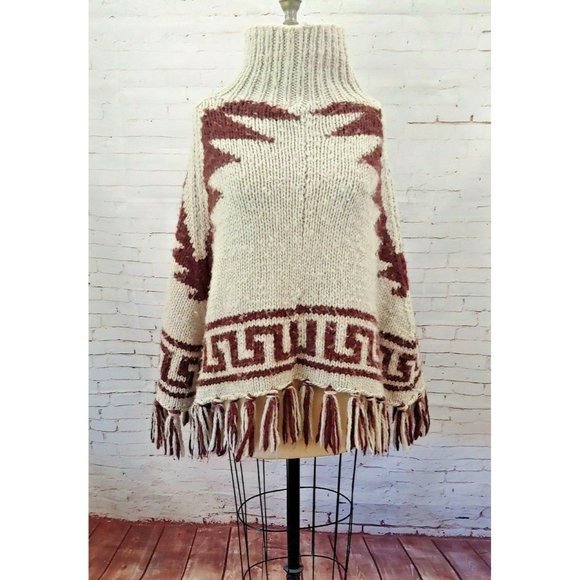 Unbranded Sweaters - Southwest Aztec Knit Fringe Poncho Sweater Mock Neck One Size Brown & Tan